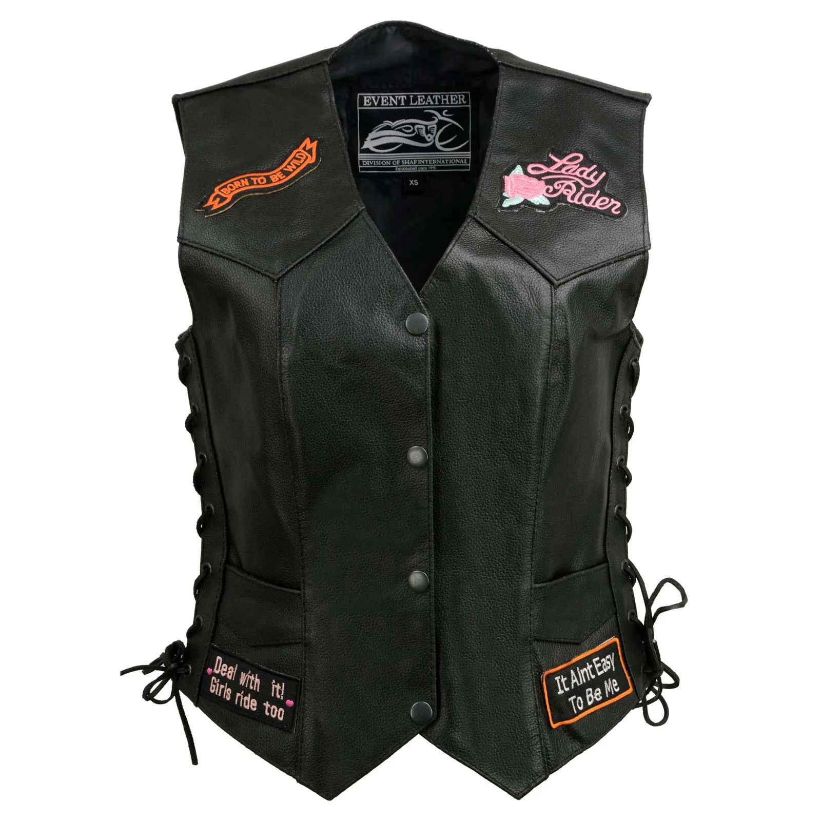 Event Leather ELL4900 Women’s 'Love to Ride' Black Leather Motorcycle Patched Embroidered Vests with Side Laces