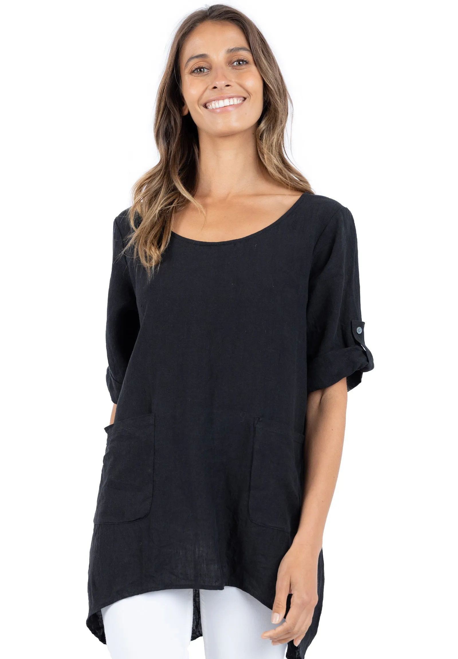 Federica Black Sand Washed Linen Tunic Top