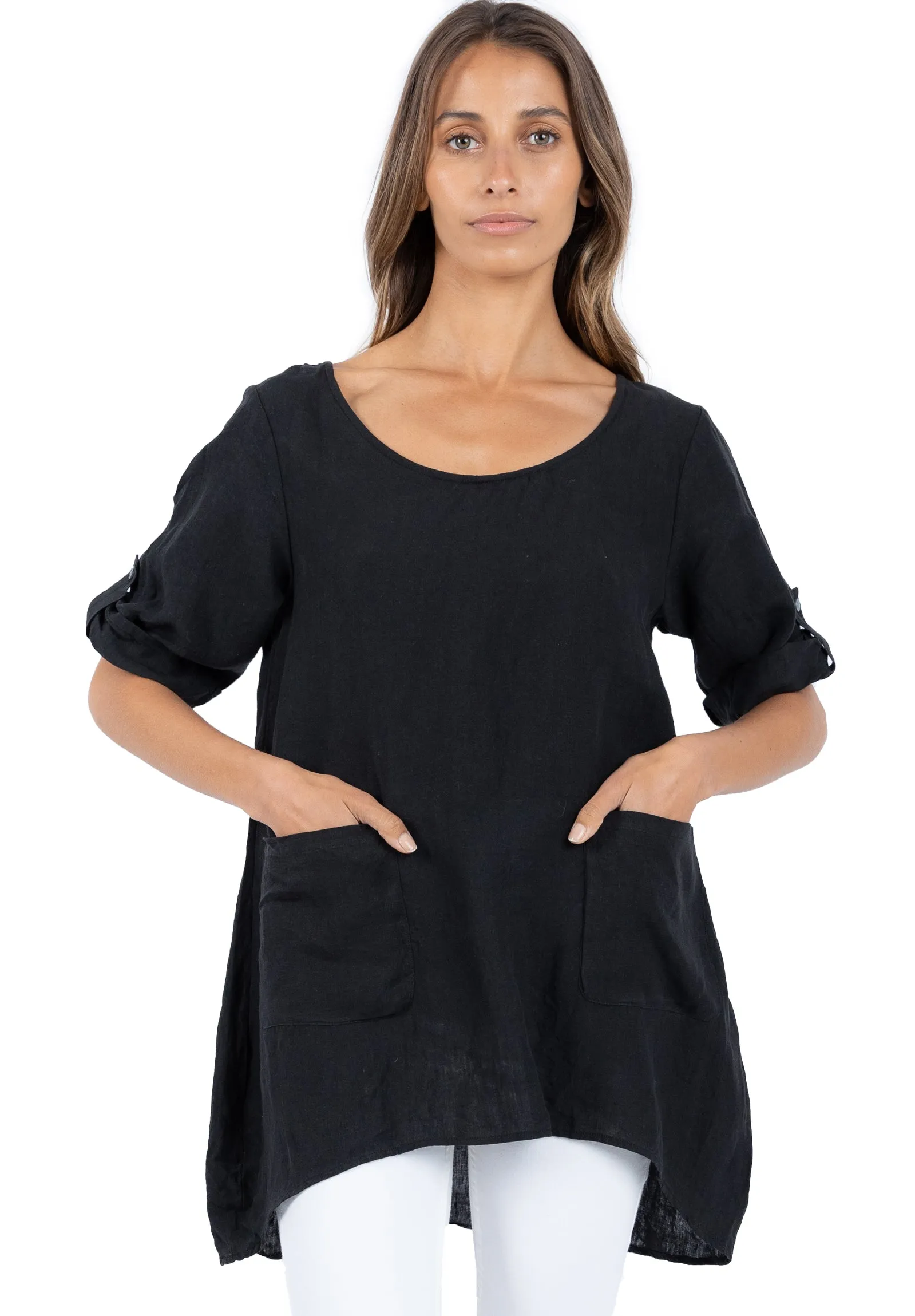 Federica Black Sand Washed Linen Tunic Top