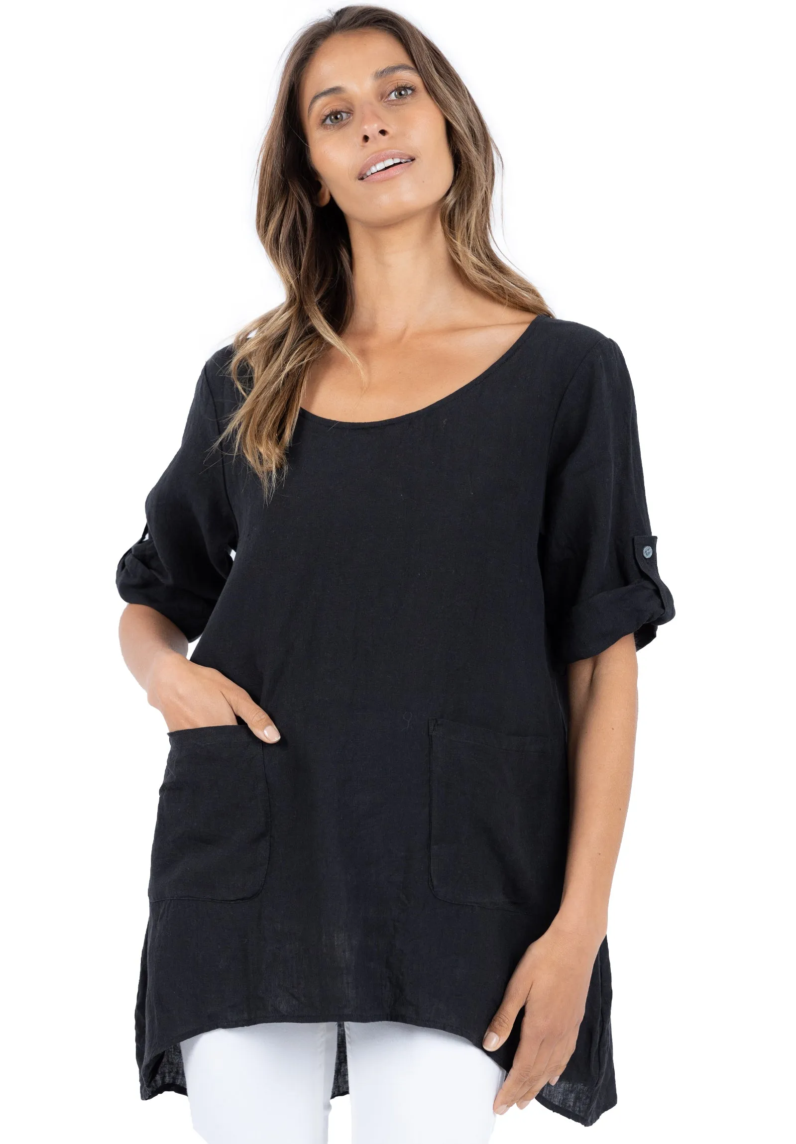 Federica Black Sand Washed Linen Tunic Top