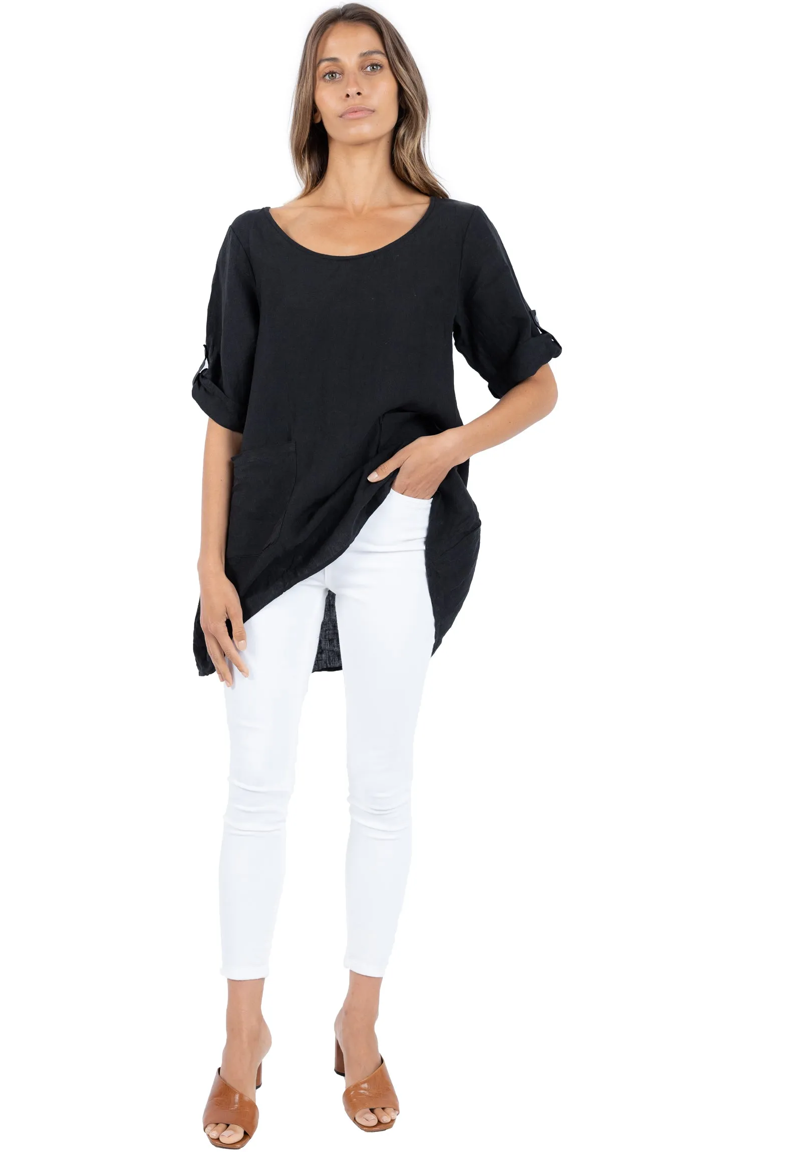 Federica Black Sand Washed Linen Tunic Top