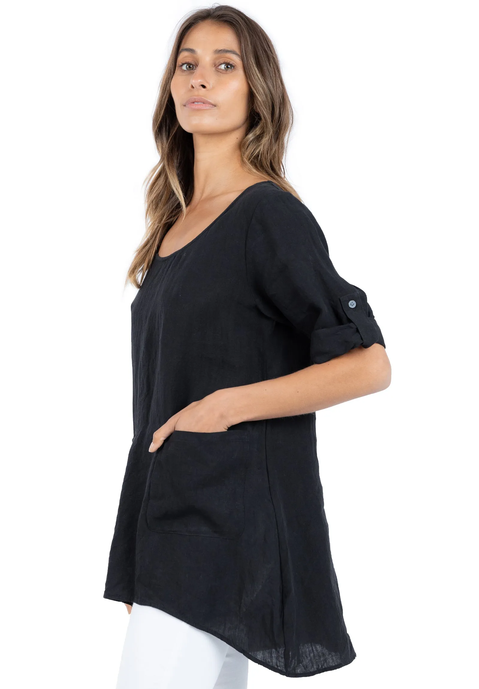 Federica Black Sand Washed Linen Tunic Top