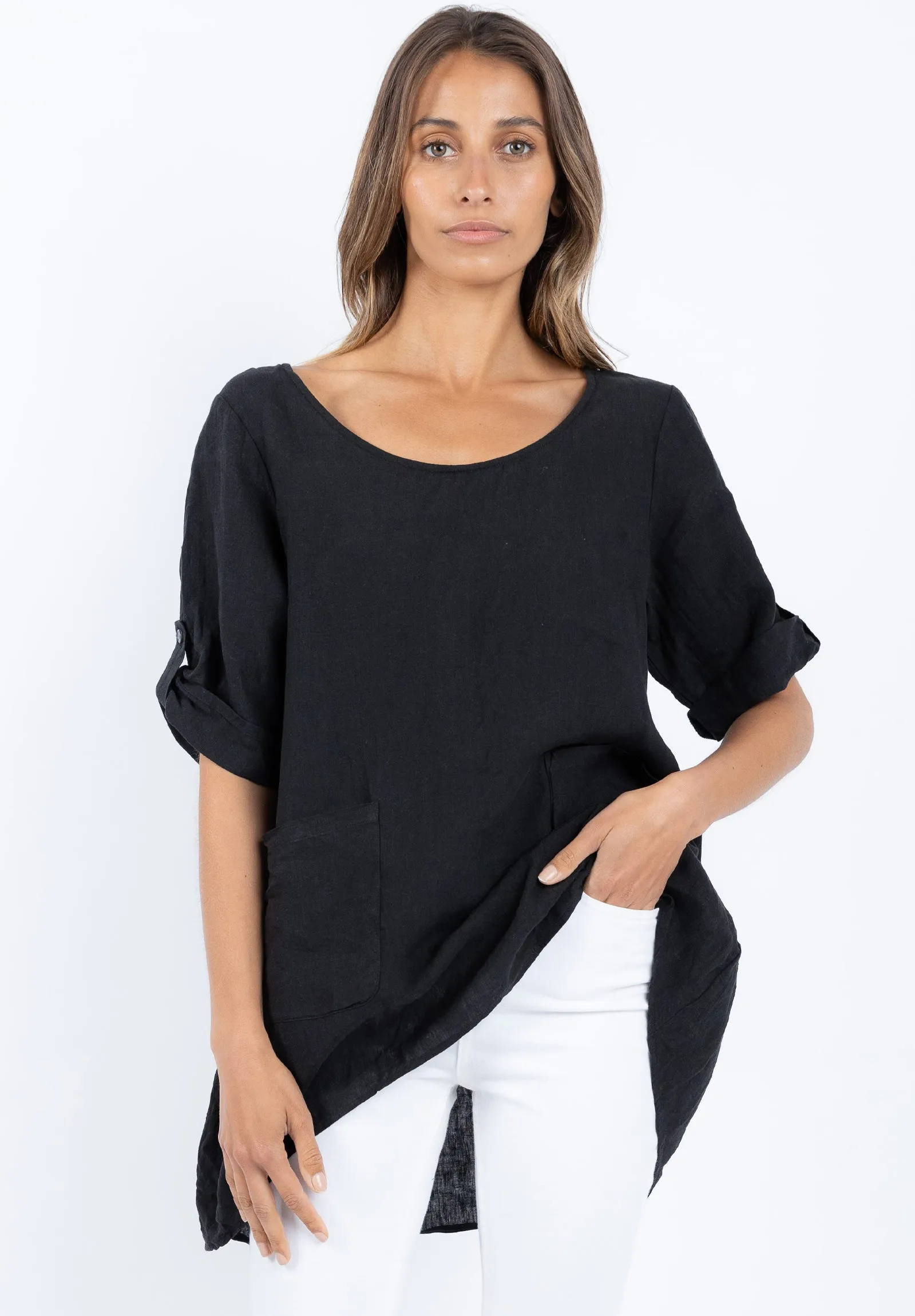 Federica Black Sand Washed Linen Tunic Top