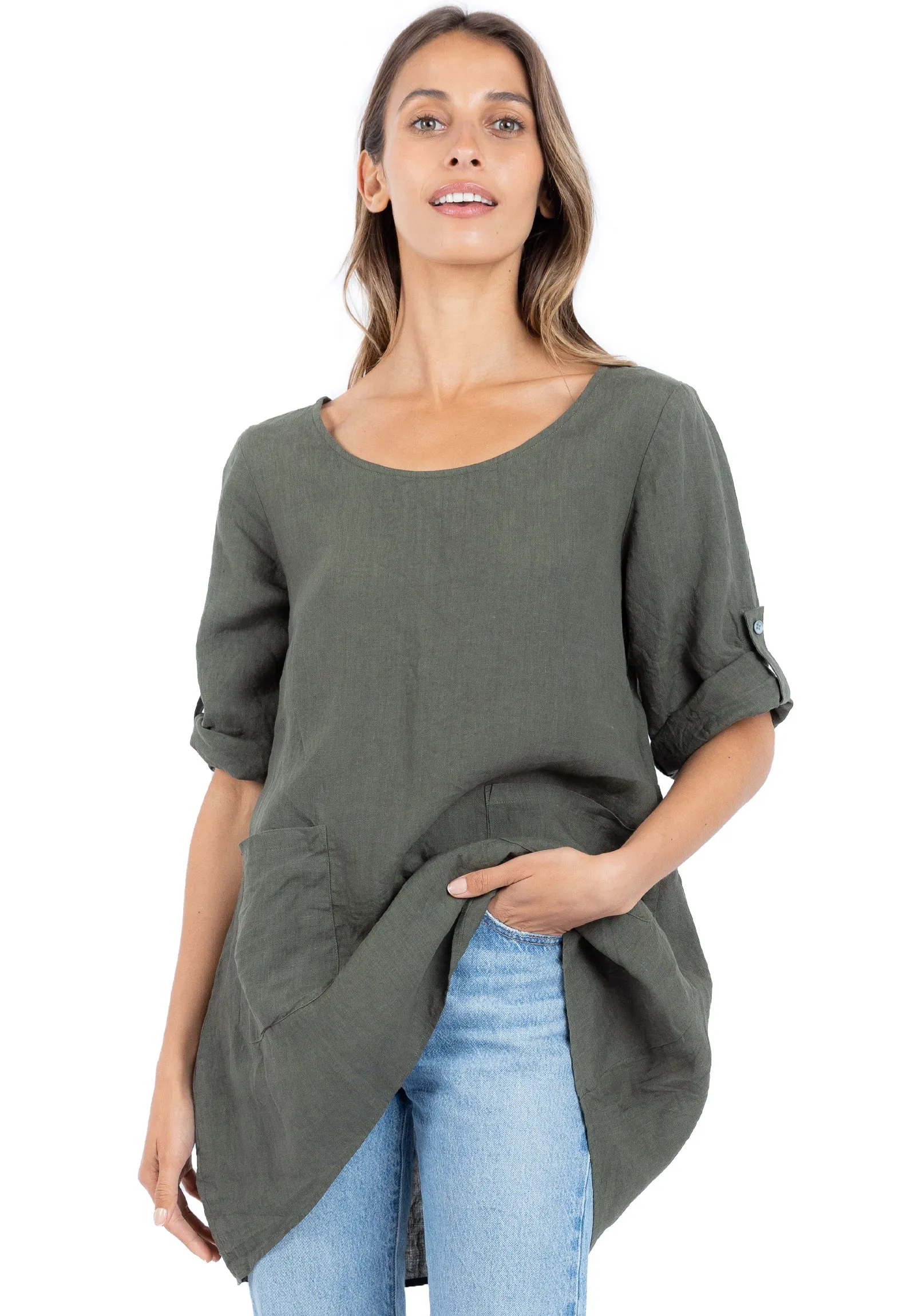 Federica Olive Green Sand Washed Linen Tunic Top