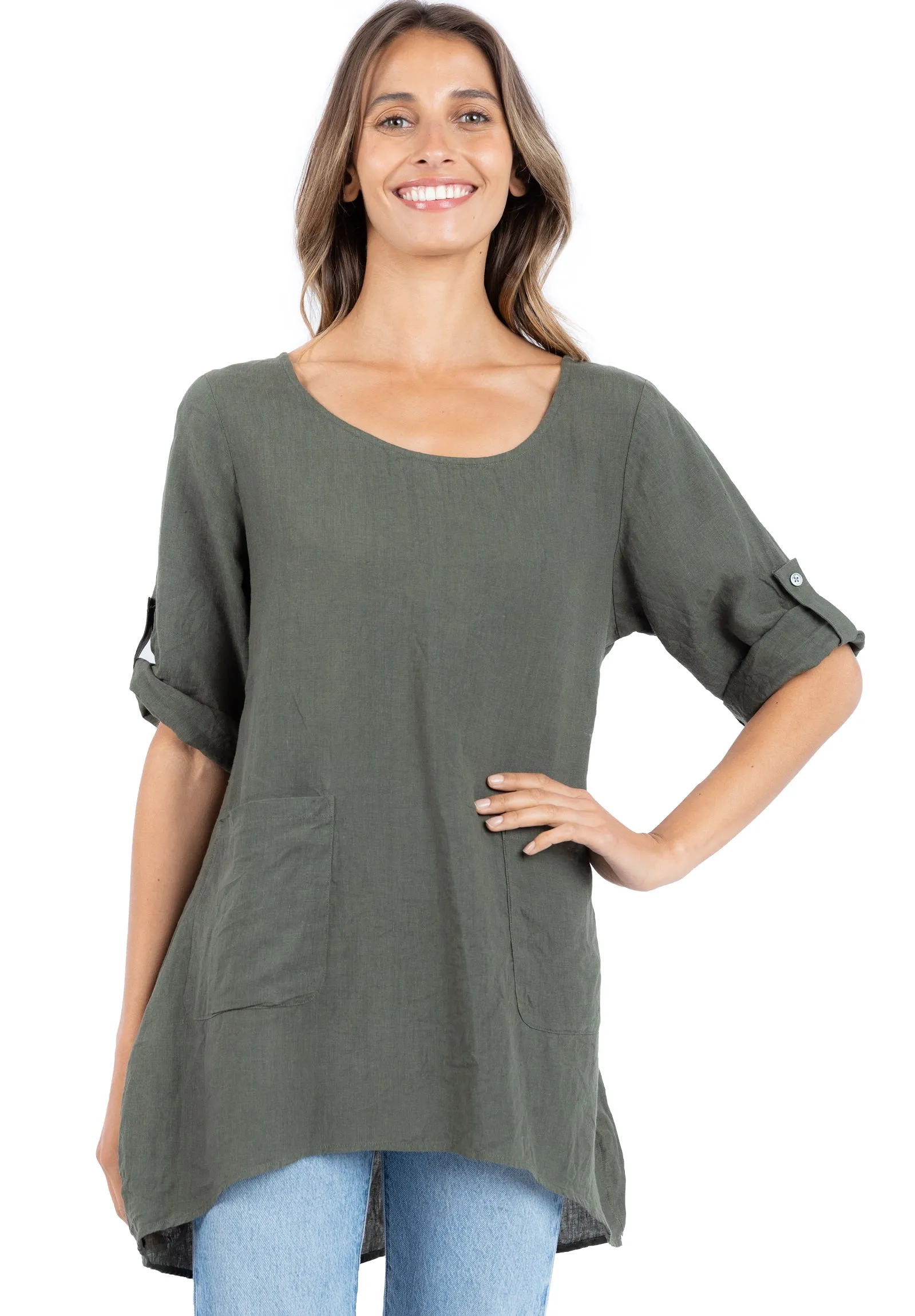 Federica Olive Green Sand Washed Linen Tunic Top