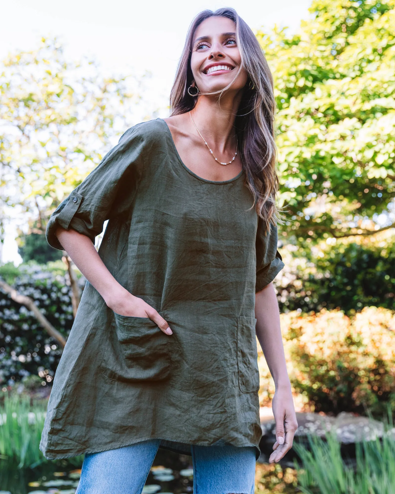 Federica Olive Green Sand Washed Linen Tunic Top