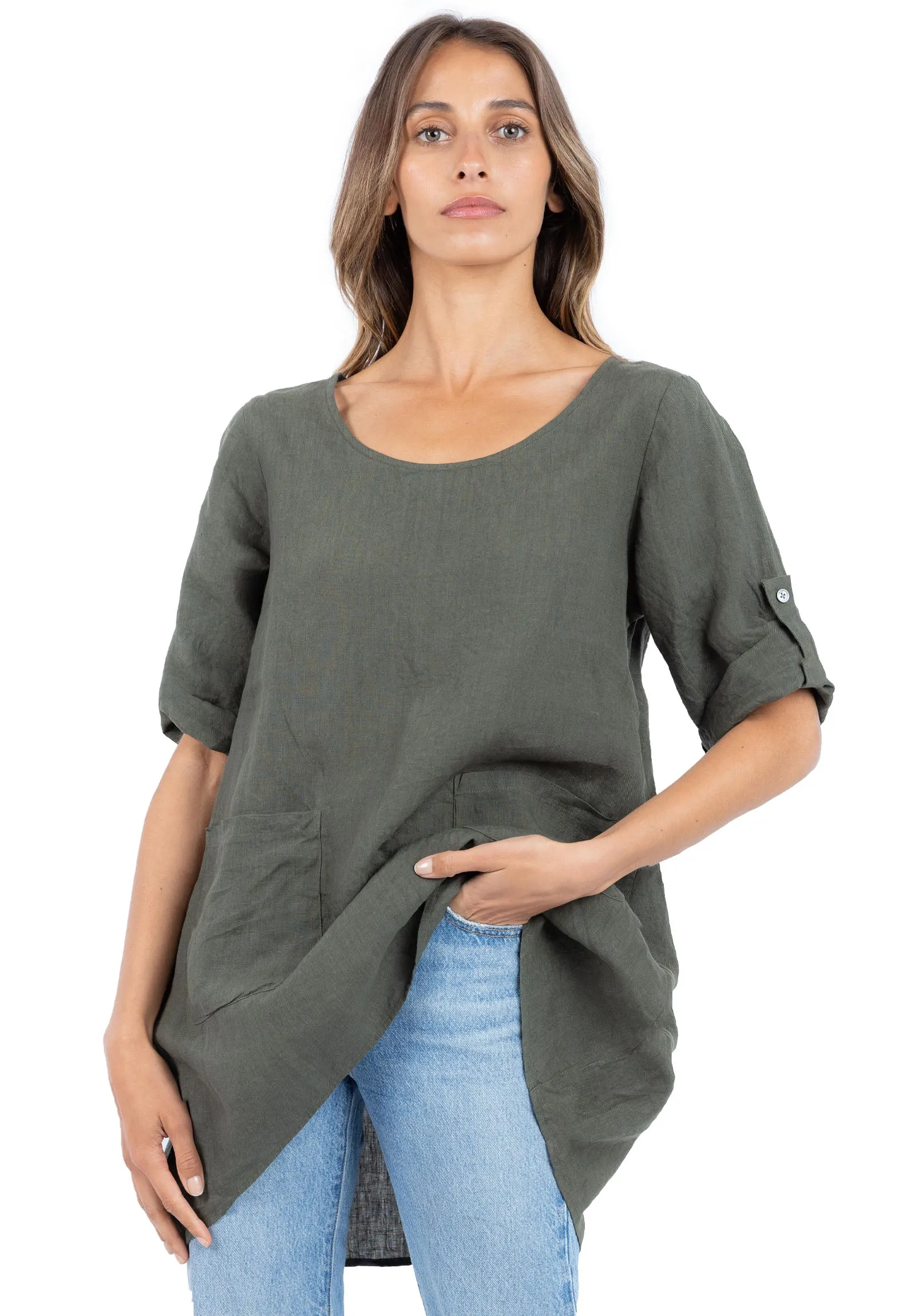 Federica Olive Green Sand Washed Linen Tunic Top