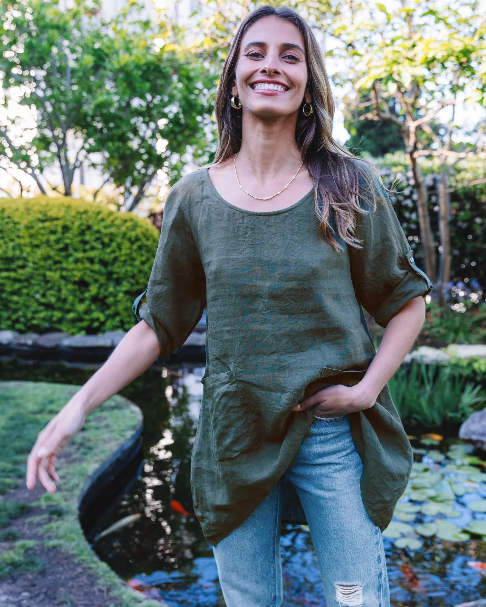 Federica Olive Green Sand Washed Linen Tunic Top