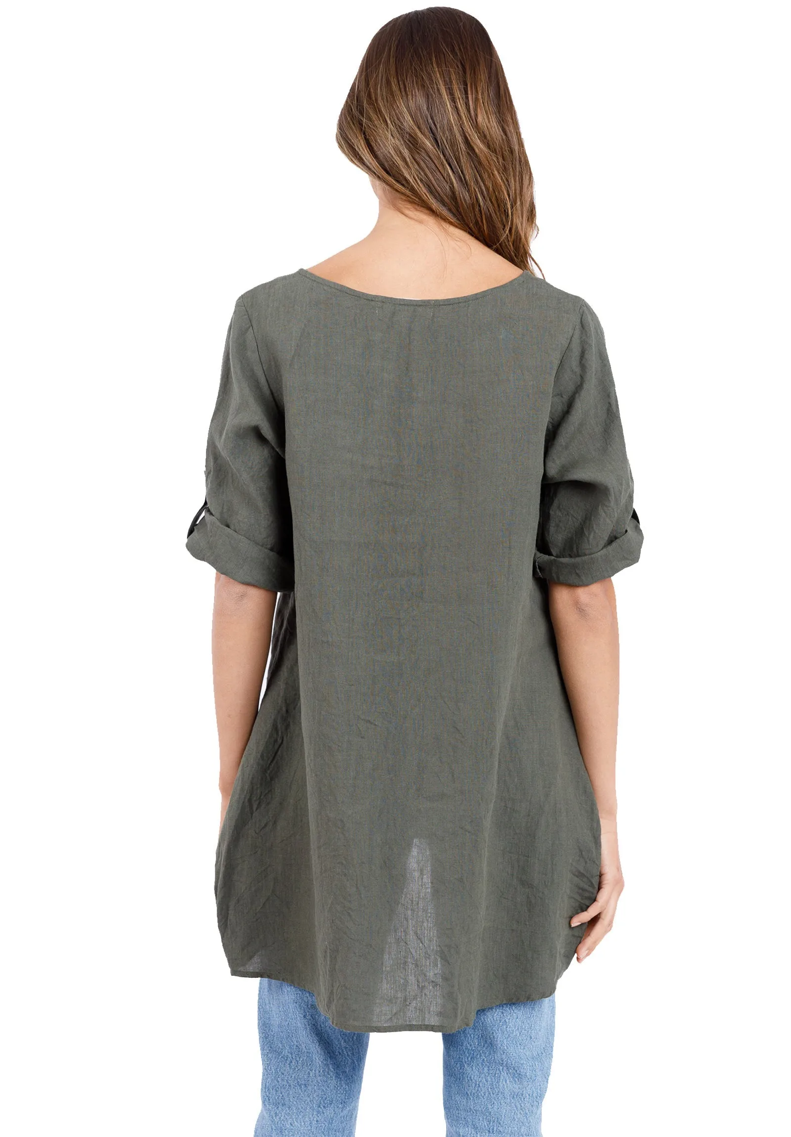 Federica Olive Green Sand Washed Linen Tunic Top