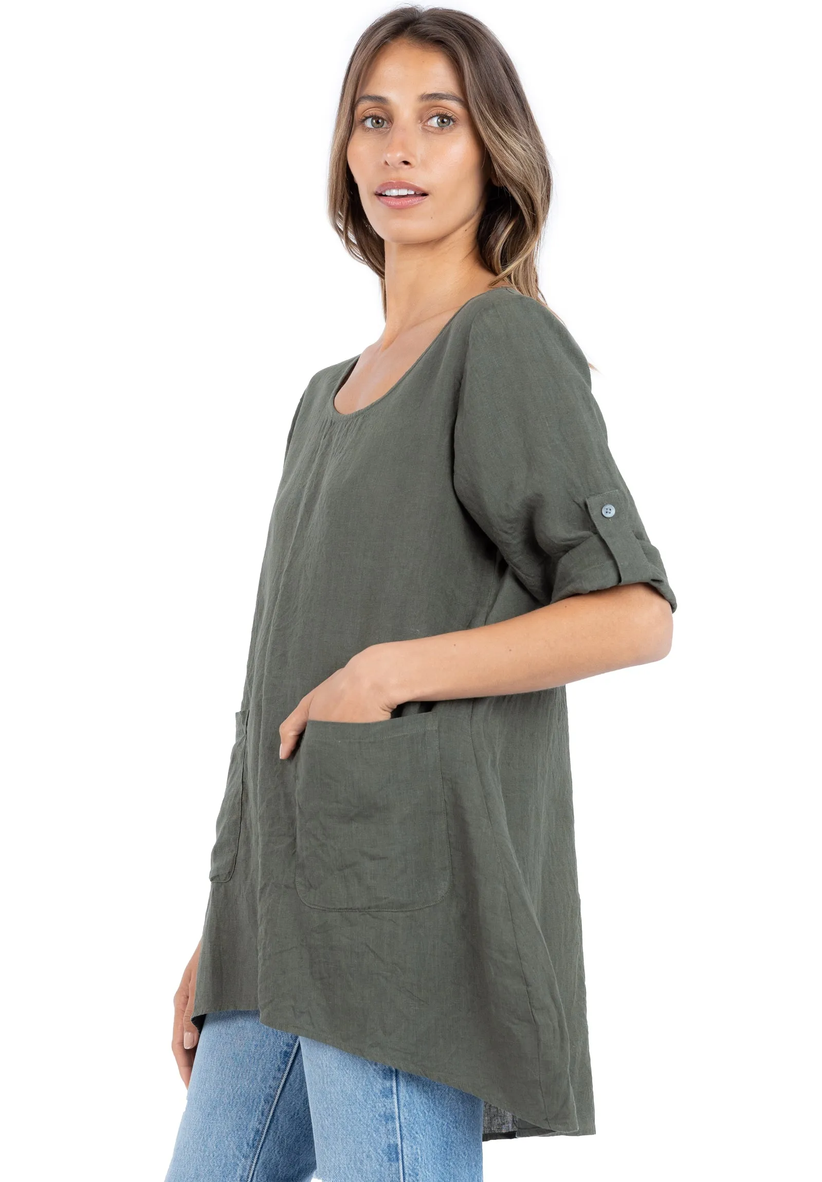 Federica Olive Green Sand Washed Linen Tunic Top