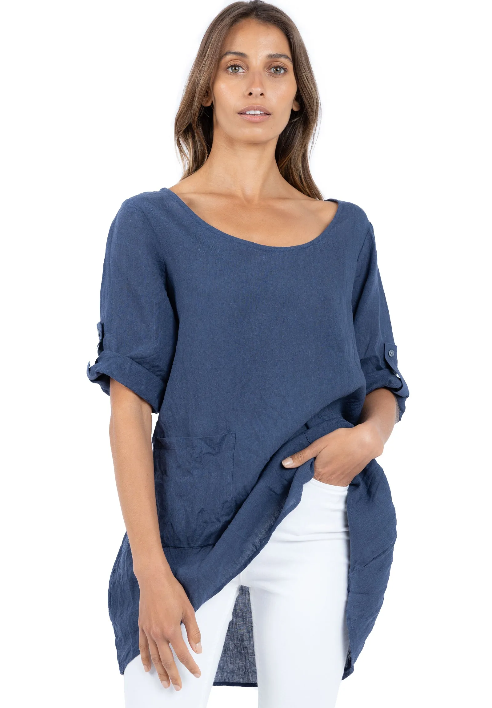 Federica Sand Washed Blue Linen Tunic Top