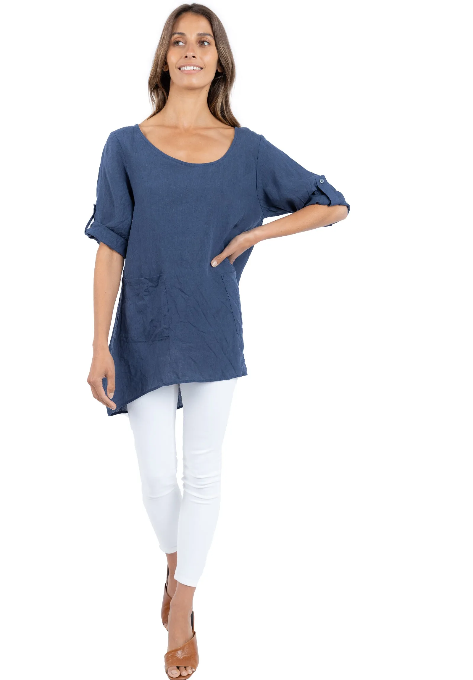 Federica Sand Washed Blue Linen Tunic Top