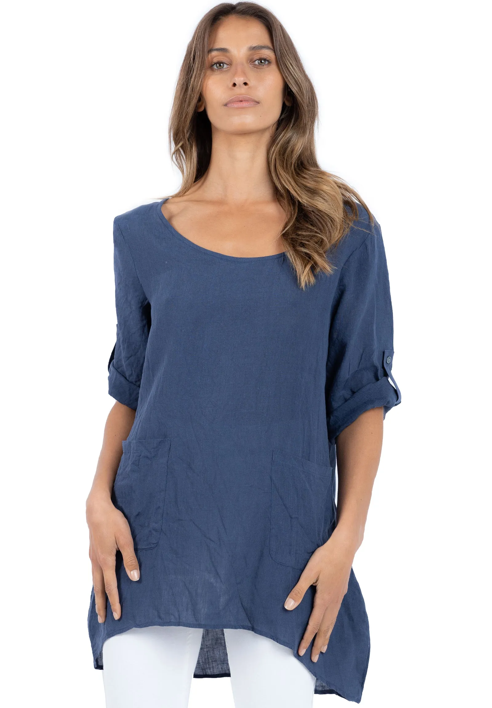 Federica Sand Washed Blue Linen Tunic Top