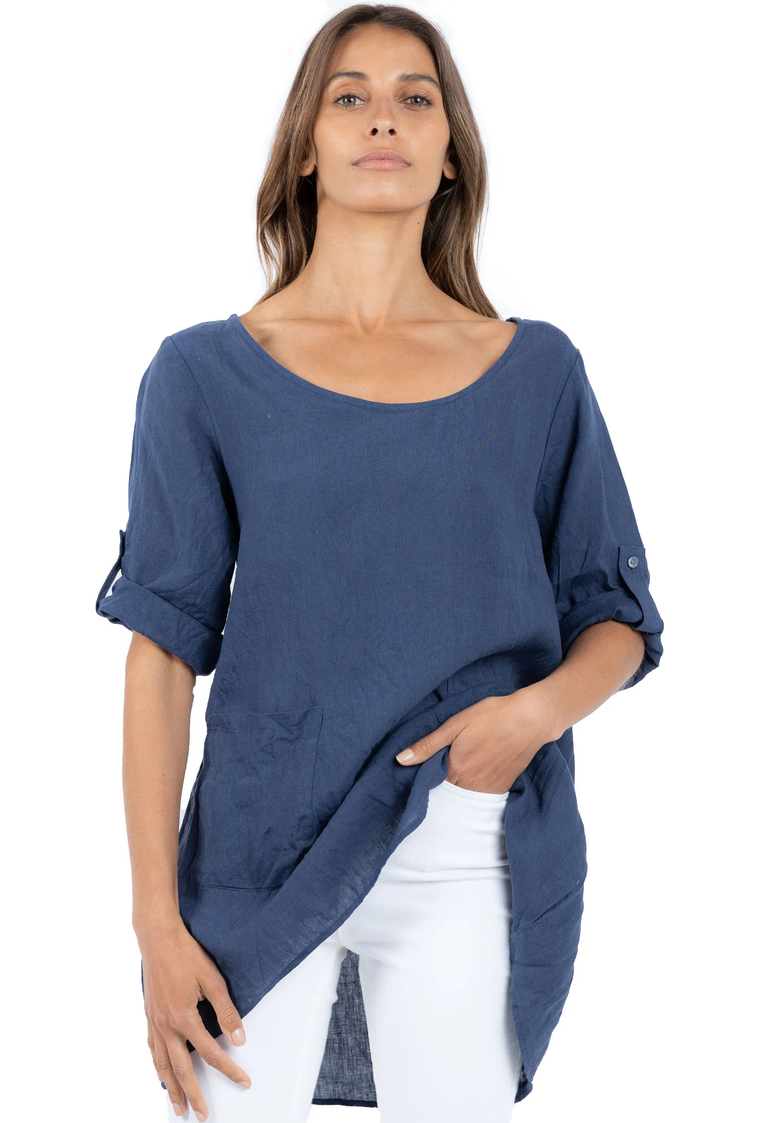 Federica Sand Washed Blue Linen Tunic Top