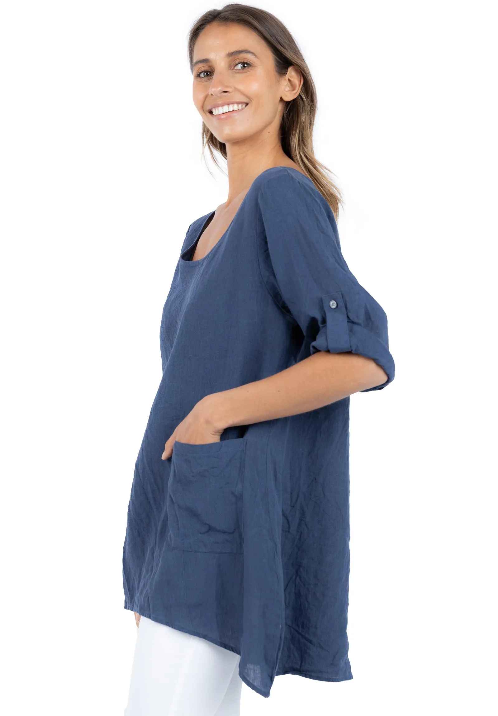 Federica Sand Washed Blue Linen Tunic Top