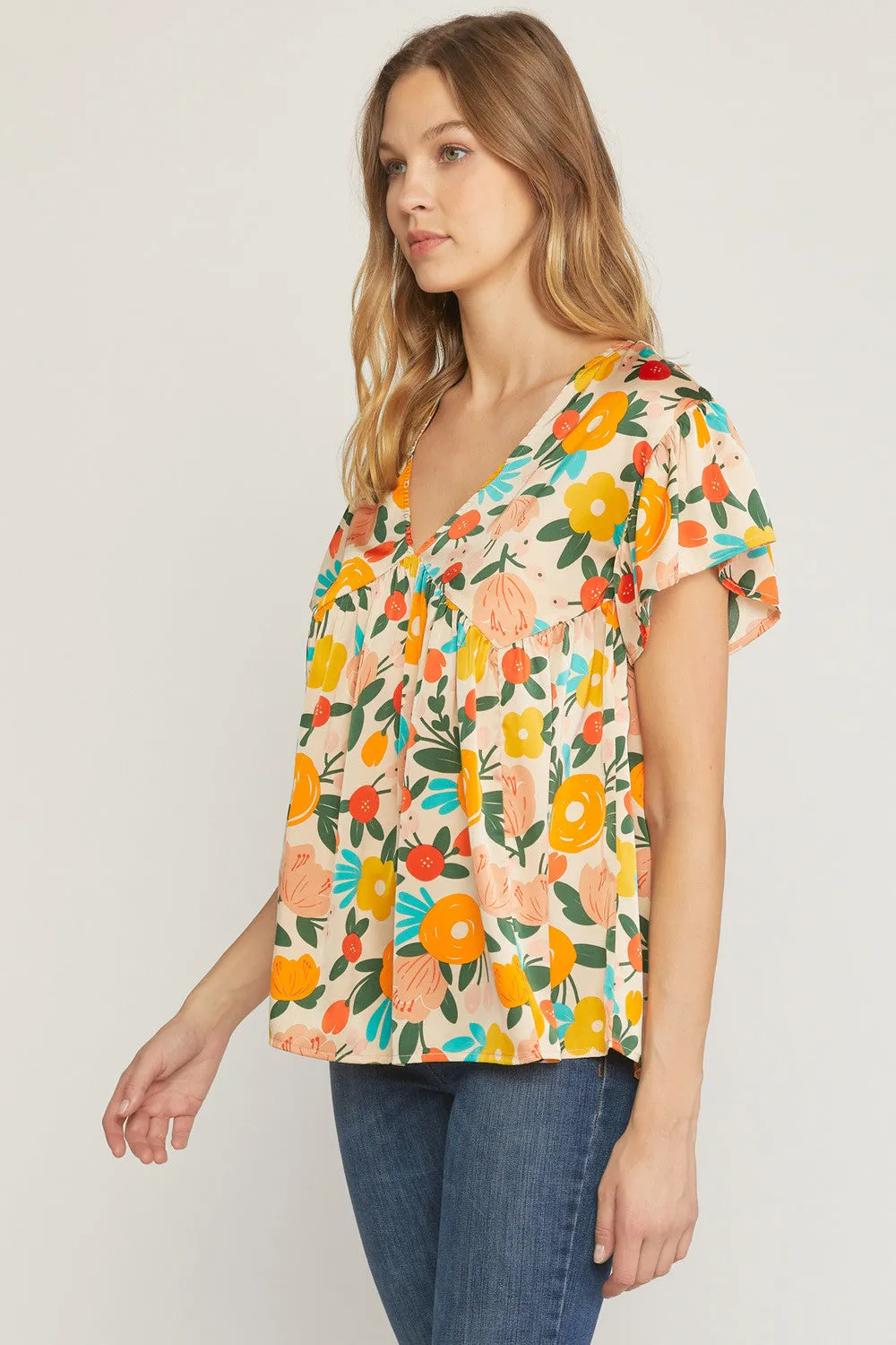 Floral Babydoll Flutter Sleeve Top, Sand