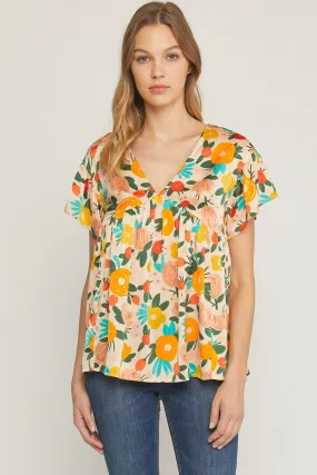 Floral Babydoll Flutter Sleeve Top, Sand