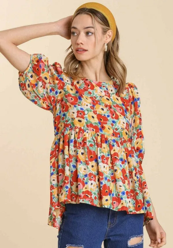 Floral Babydoll Top, Red Mix