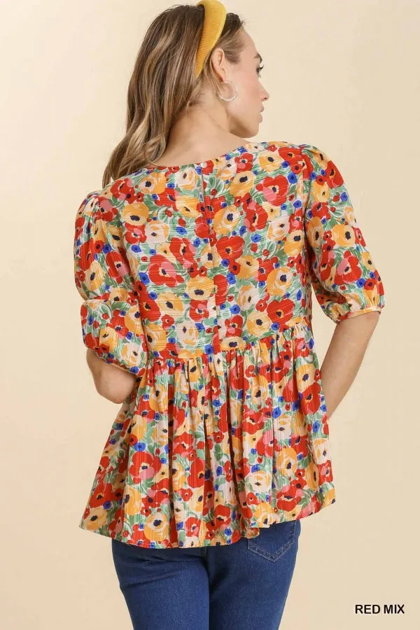 Floral Babydoll Top, Red Mix