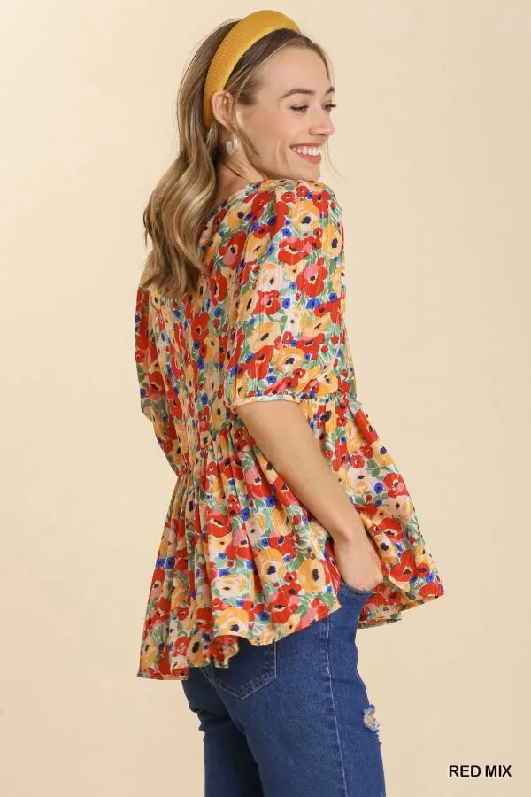 Floral Babydoll Top, Red Mix