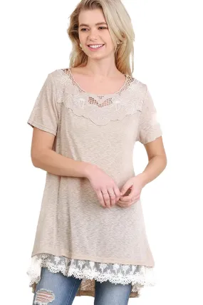 Floral Crochet Lace Trim Tunic , Tan