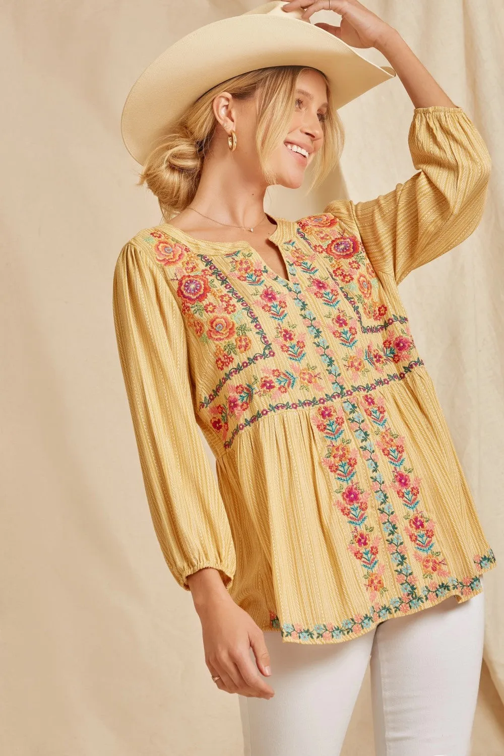 Floral Embroidered Babydoll Top, Marigold