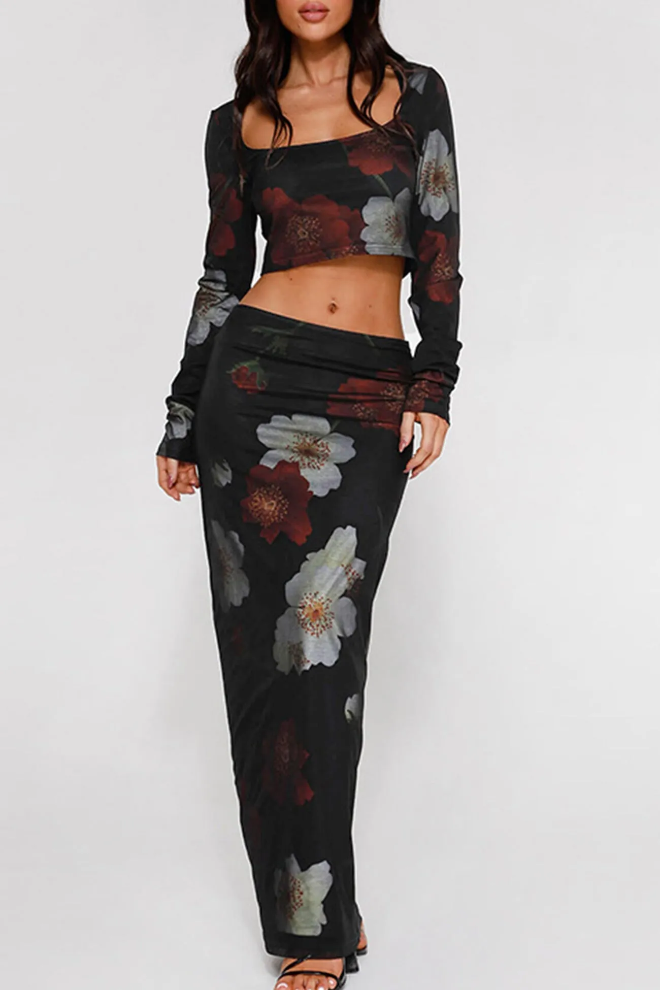 Floral Print Crop Top Midi Skirt Suits