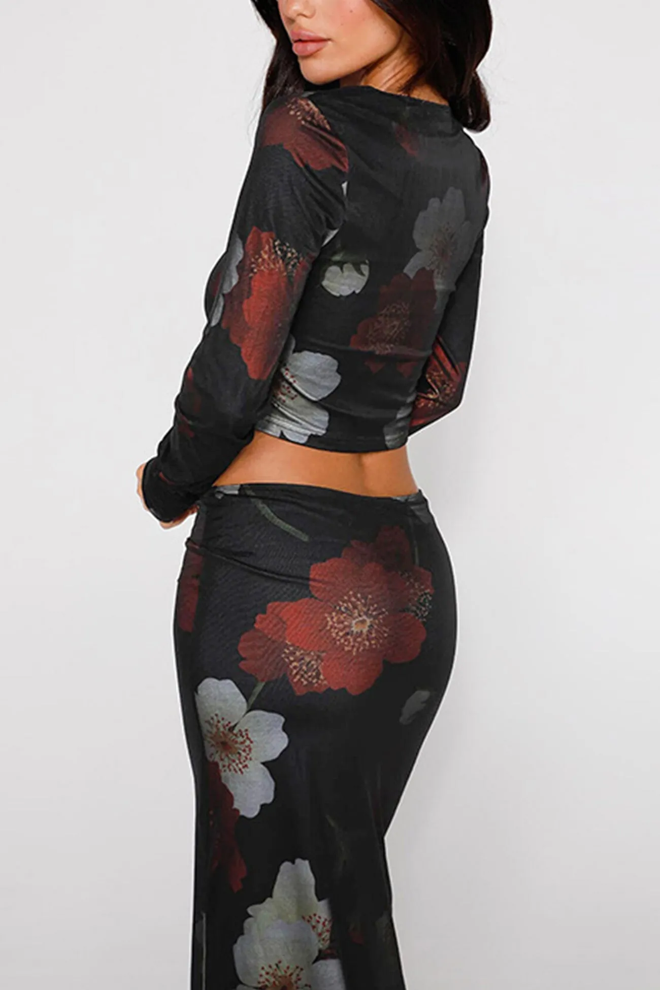 Floral Print Crop Top Midi Skirt Suits