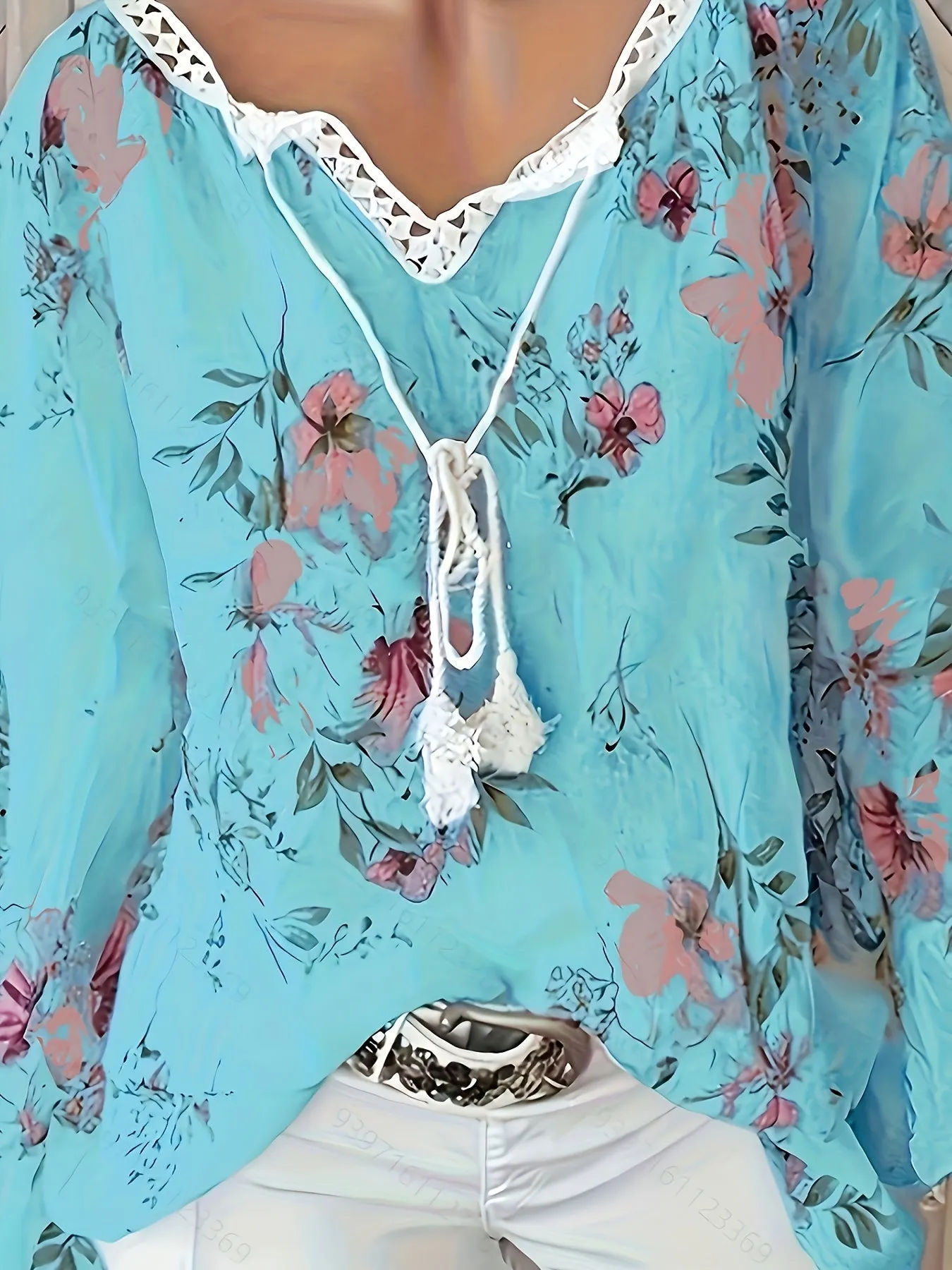 Floral Print Lace Blouse Plus Size Long Sleeve Tunic