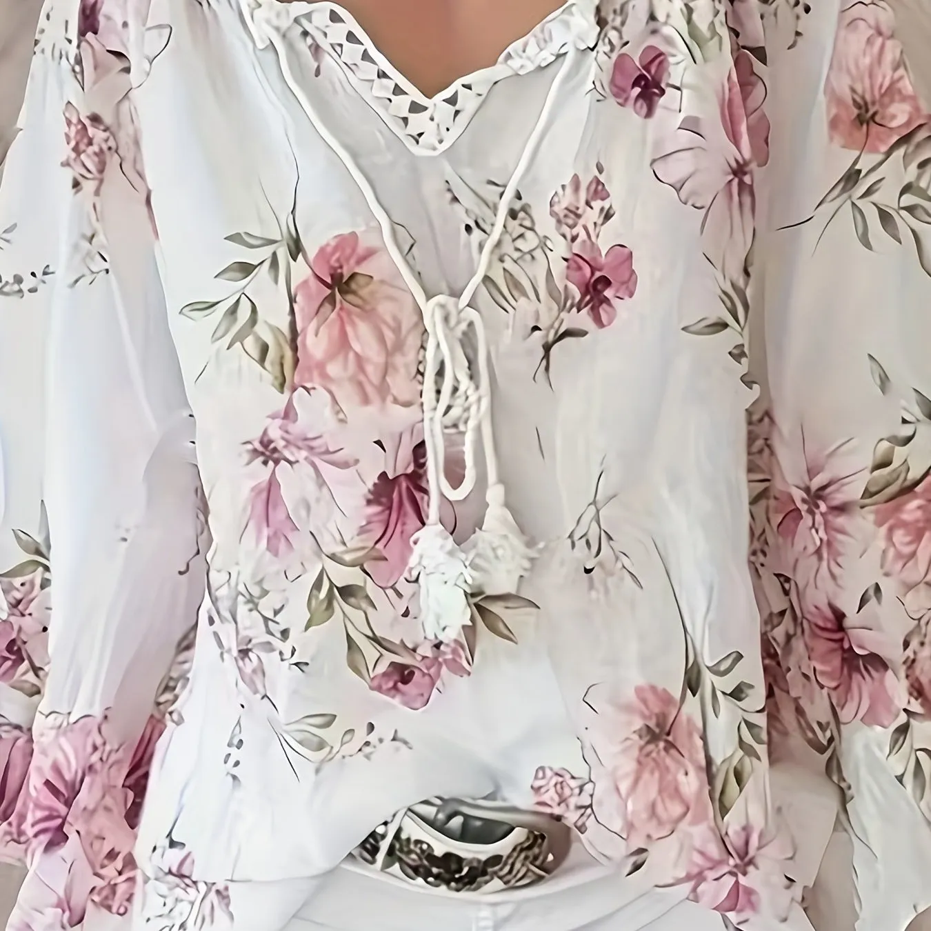 Floral Print Lace Blouse Plus Size Long Sleeve Tunic