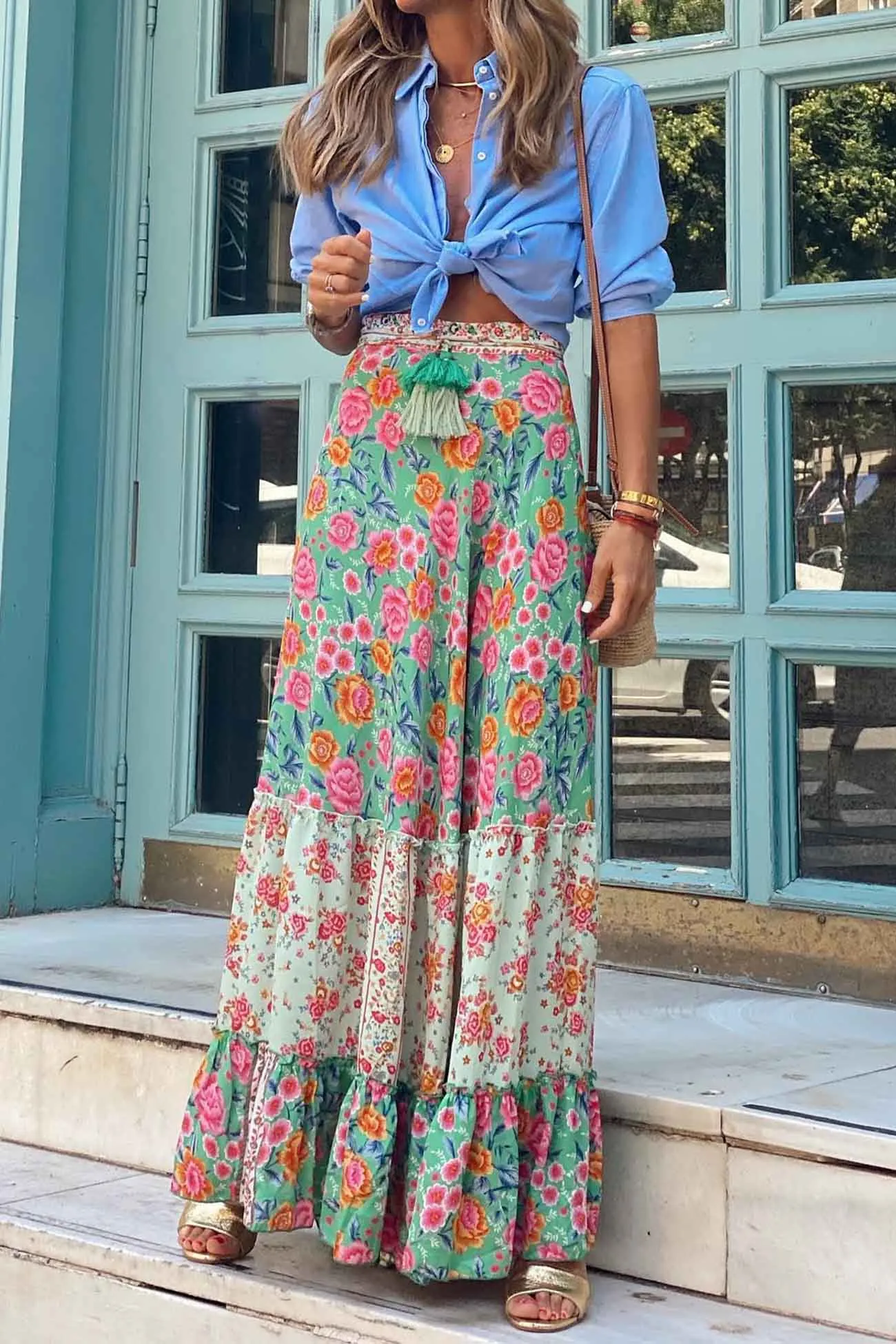 Floral Printed Patchwork Ruffle Midi Skirt