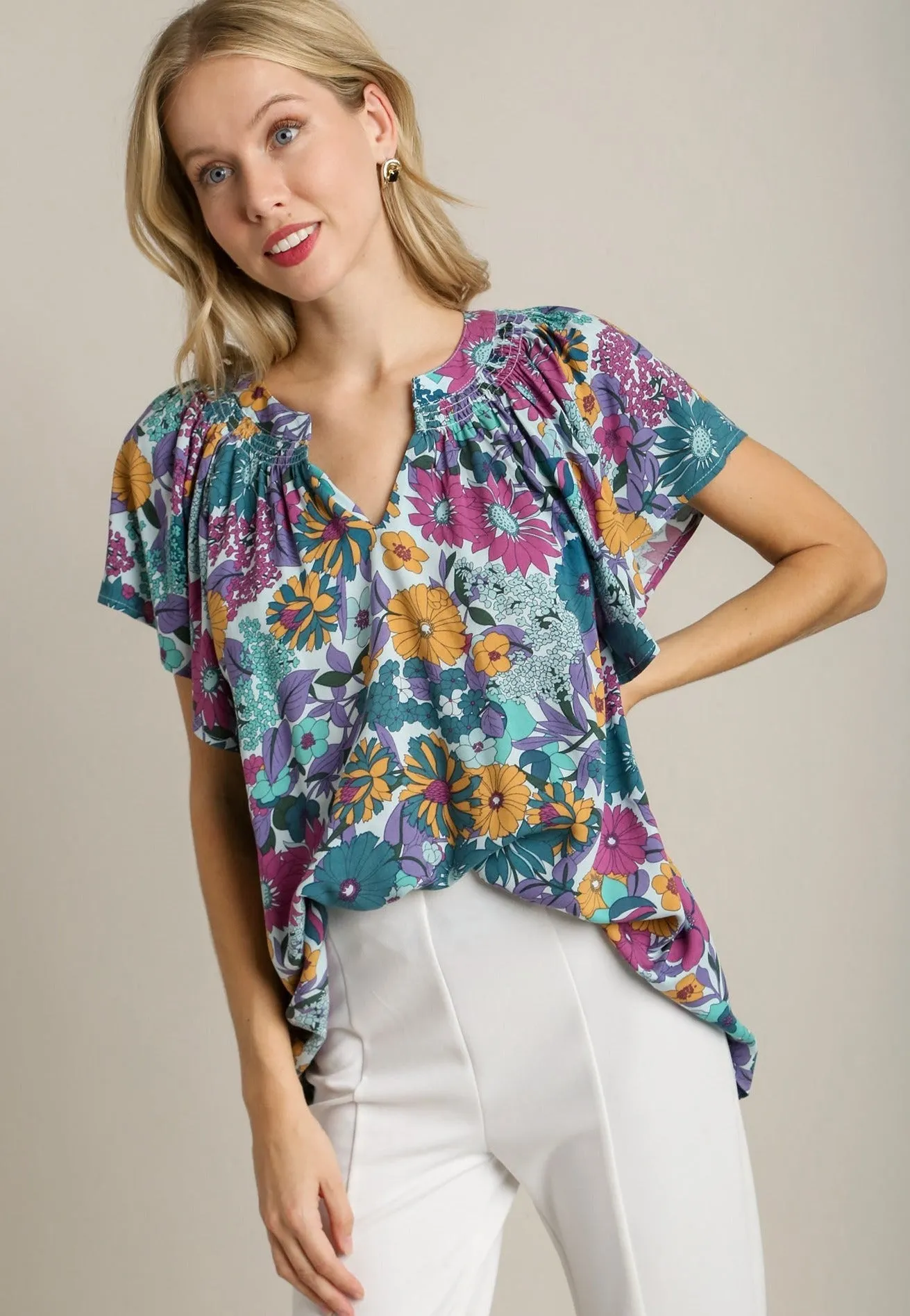 Floral Split Neck Top, Jade