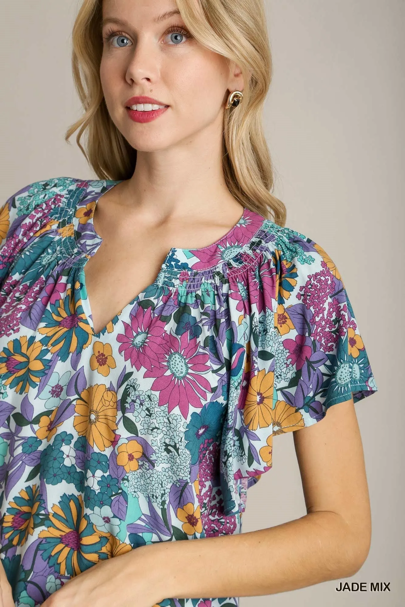 Floral Split Neck Top, Jade