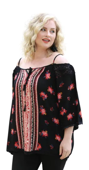 Floral Twin Print Cold Shoulder Top, Black