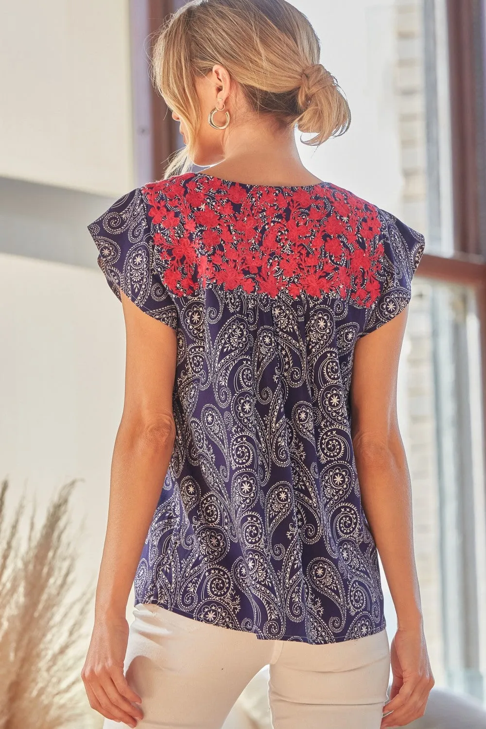 Flutter Sleeve Embroidered Paisley Top