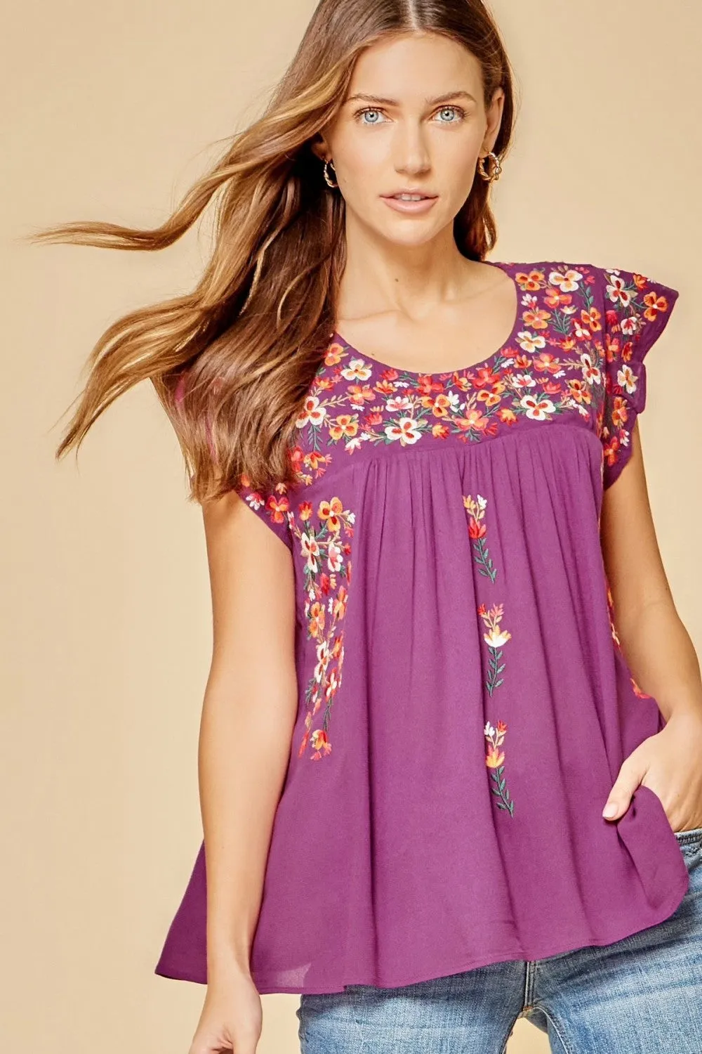 Flutter Sleeve Embroidered Top, Magenta