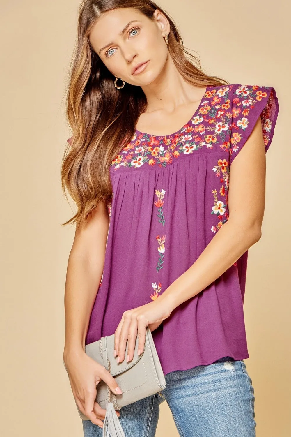 Flutter Sleeve Embroidered Top, Magenta