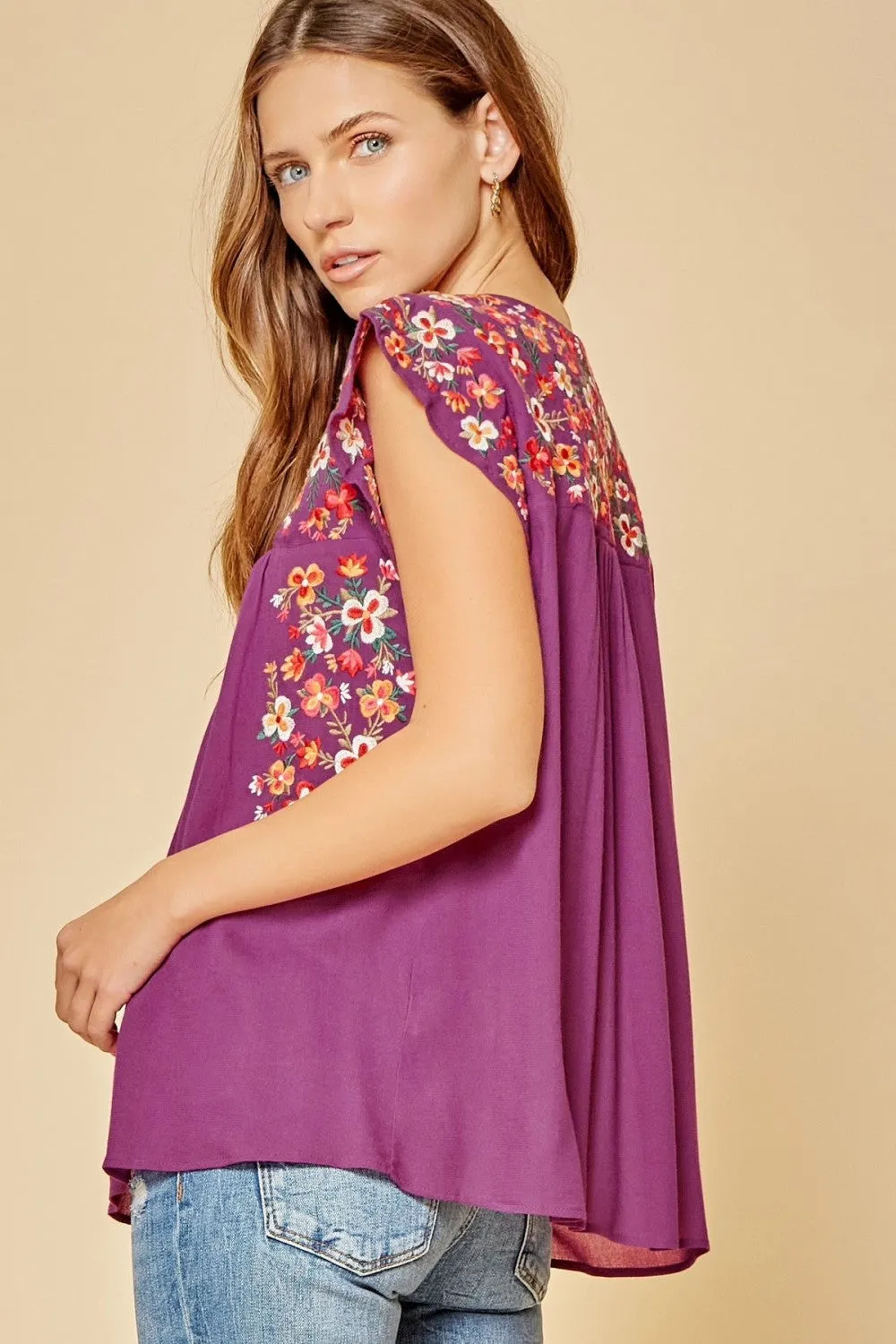 Flutter Sleeve Embroidered Top, Magenta