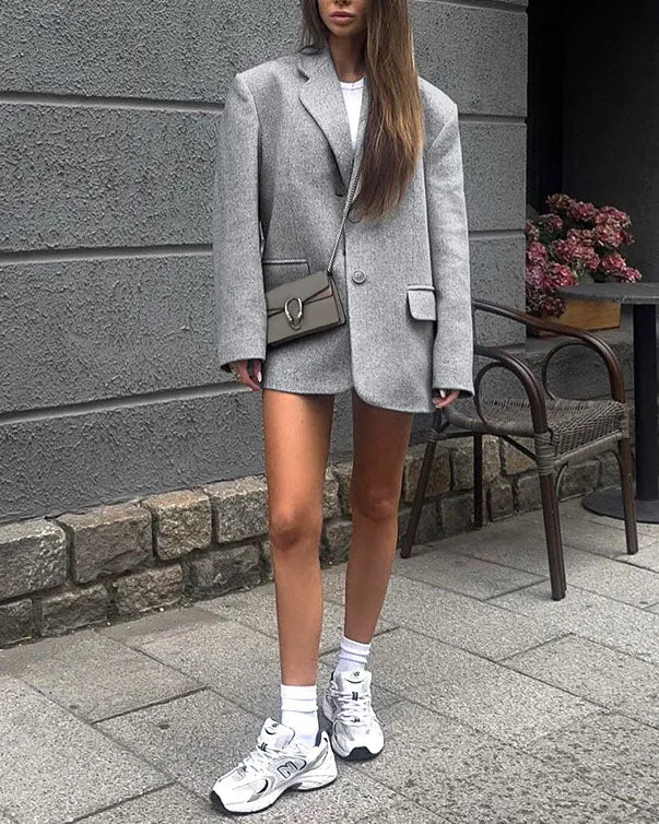 Flytonn-Fall Outfits Women Outwear Streetwear -women's outerwear women's coat Gray Houndstooth Polyester Blend Tweed Blazer Jacket