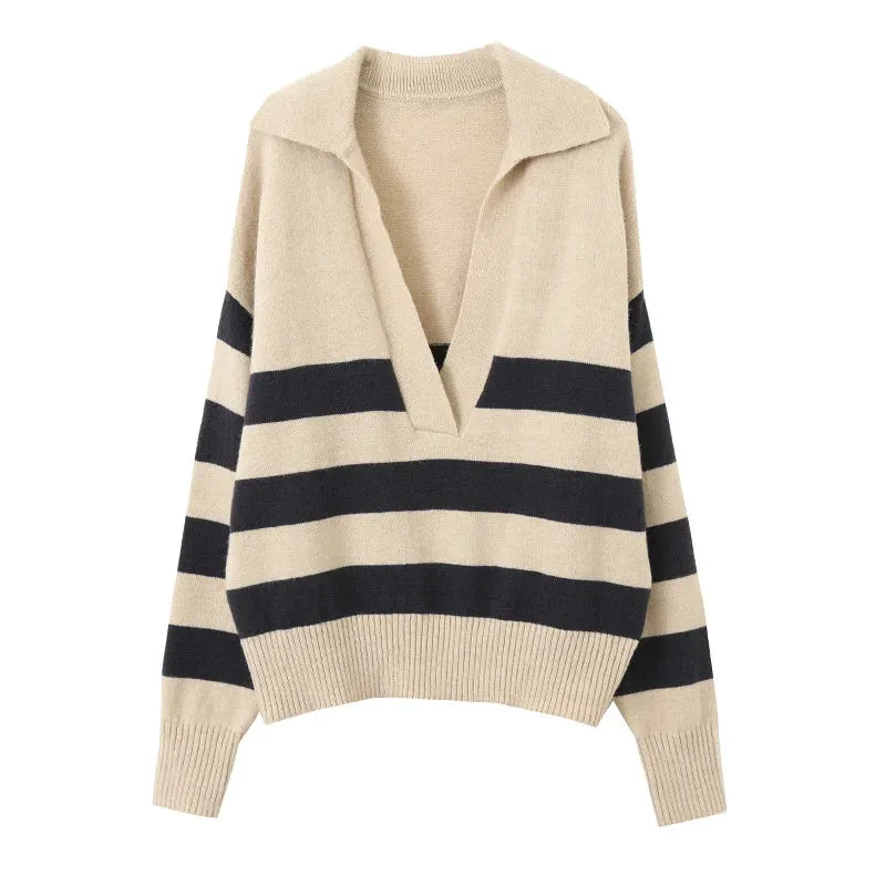 Flytonn-Fall Outfits Women Polo 's V-neck Striped Knit Sweater Women 2024 Autumn Winter Loose Oversized Jumper Pullover Beige Navy Blue Striped Tops