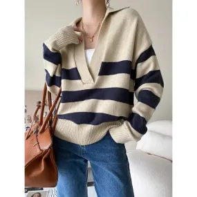 Flytonn-Fall Outfits Women Polo 's V-neck Striped Knit Sweater Women 2024 Autumn Winter Loose Oversized Jumper Pullover Beige Navy Blue Striped Tops