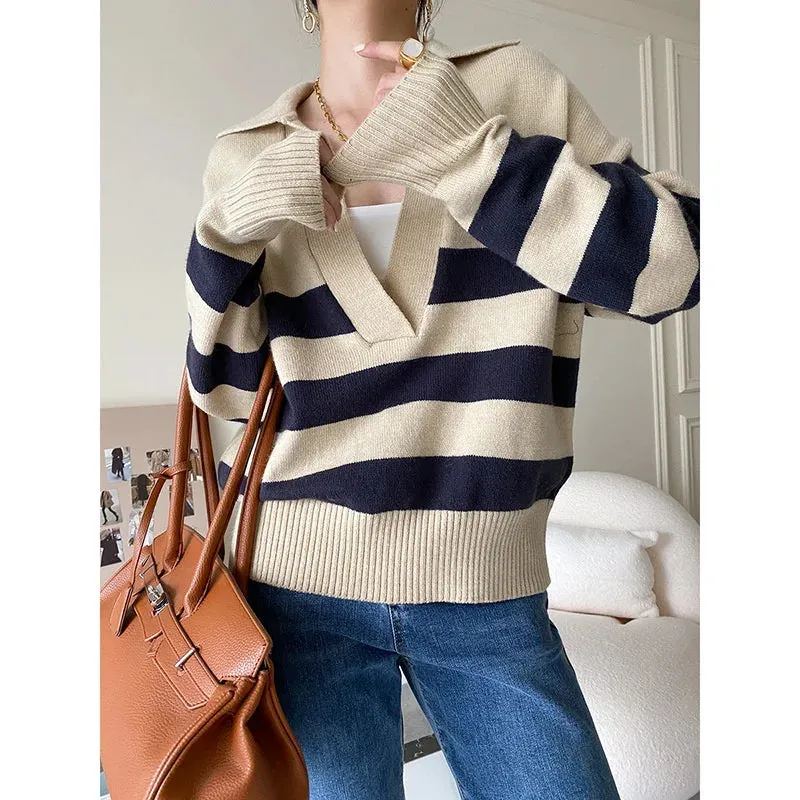 Flytonn-Fall Outfits Women Polo 's V-neck Striped Knit Sweater Women 2024 Autumn Winter Loose Oversized Jumper Pullover Beige Navy Blue Striped Tops