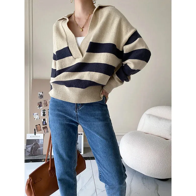 Flytonn-Fall Outfits Women Polo 's V-neck Striped Knit Sweater Women 2024 Autumn Winter Loose Oversized Jumper Pullover Beige Navy Blue Striped Tops