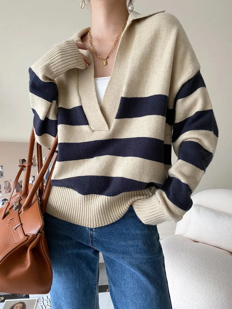 Flytonn-Fall Outfits Women Polo 's V-neck Striped Knit Sweater Women 2024 Autumn Winter Loose Oversized Jumper Pullover Beige Navy Blue Striped Tops