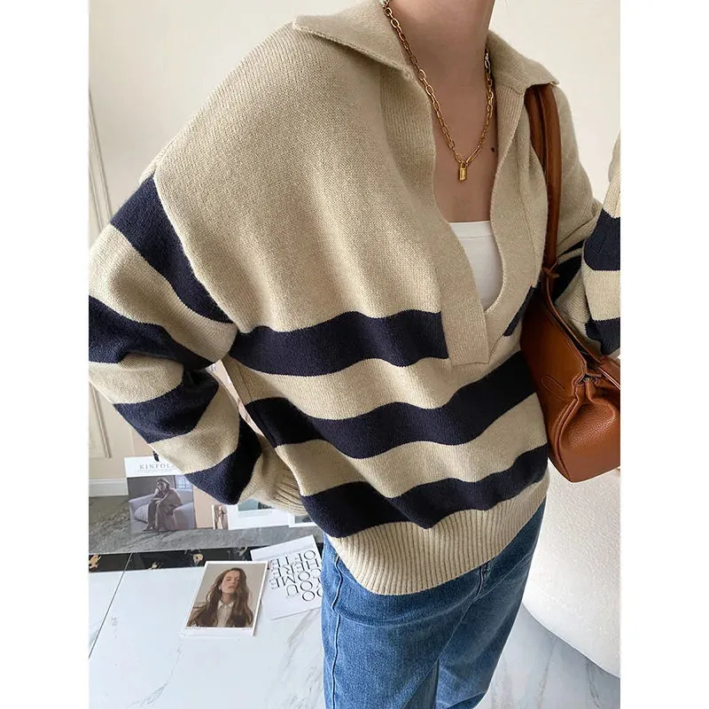 Flytonn-Fall Outfits Women Polo 's V-neck Striped Knit Sweater Women 2024 Autumn Winter Loose Oversized Jumper Pullover Beige Navy Blue Striped Tops