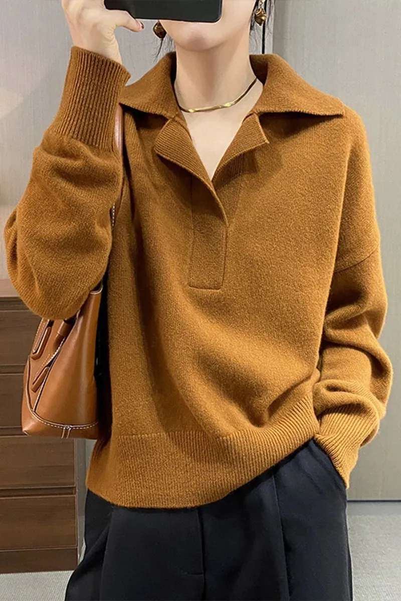 Flytonn-French high-grade temperament POLO knitwear 2024 autumn and winter new design sense wool loose 100shmere sweater