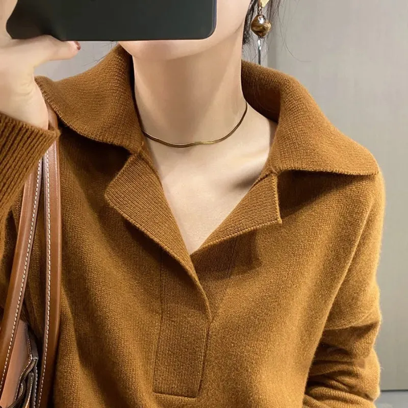 Flytonn-French high-grade temperament POLO knitwear 2024 autumn and winter new design sense wool loose 100shmere sweater