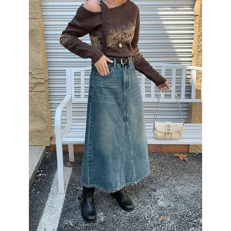 Flytonnshop 2024 fall fashion trends ICC Women's Retro Washed Large Swing Denim Skirt Women's Autumn New Slimming Midi Skirt Umbrella Skirt 07046