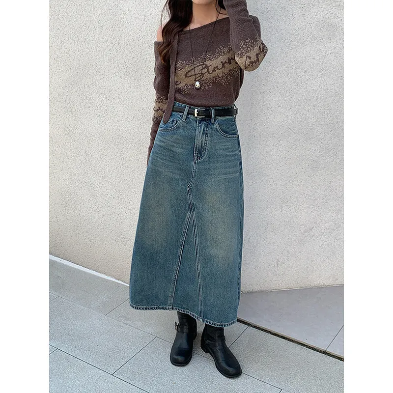 Flytonnshop 2024 fall fashion trends ICC Women's Retro Washed Large Swing Denim Skirt Women's Autumn New Slimming Midi Skirt Umbrella Skirt 07046