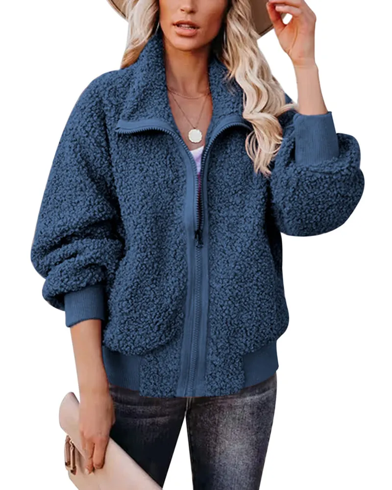 Fuzzy Fleece Jackets Oversized Open Front Coat Zipper Outwear(TTShop02) - Zeagoo (Us Only)